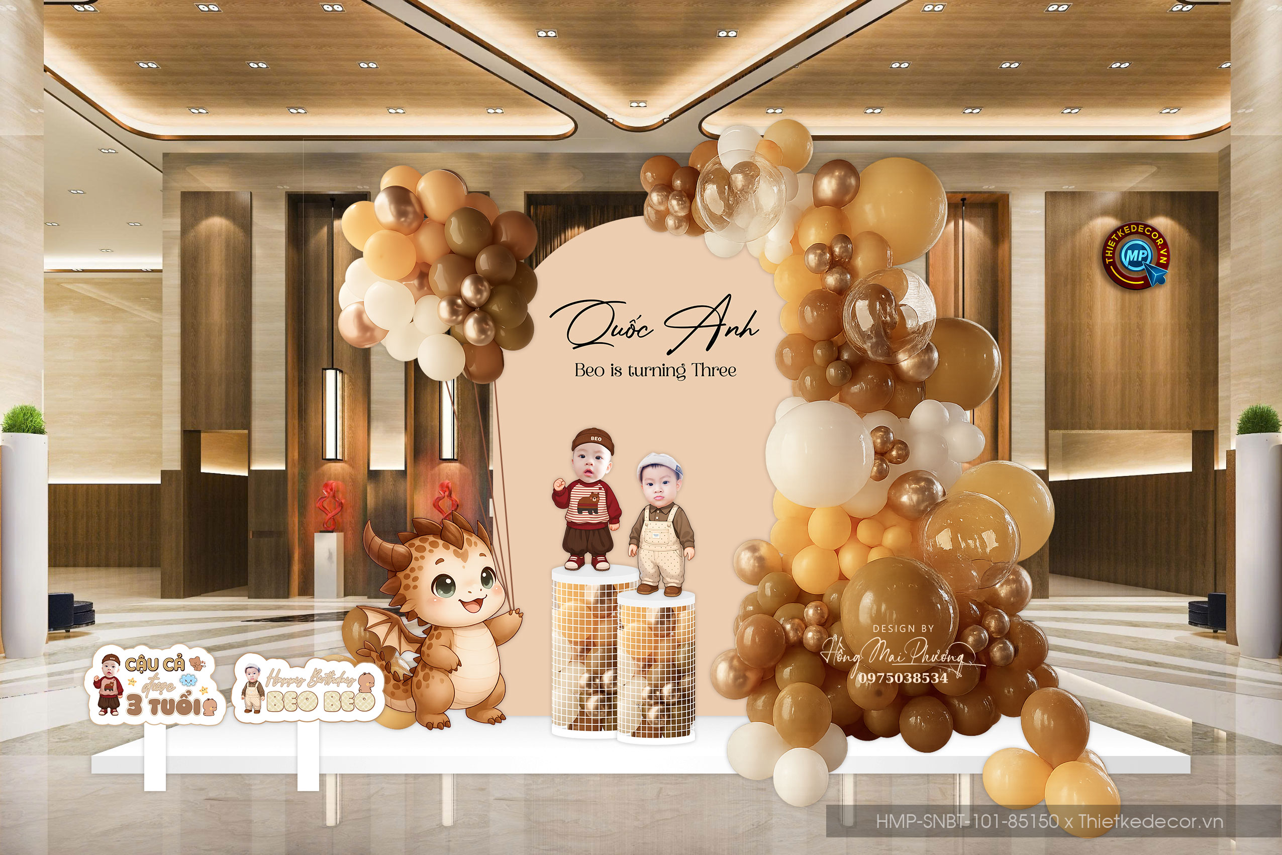 Trang trí tiệc sinh nhật. File thiết kế Backdrop sinh nhật bé trai tone nâu tuổi rồng.